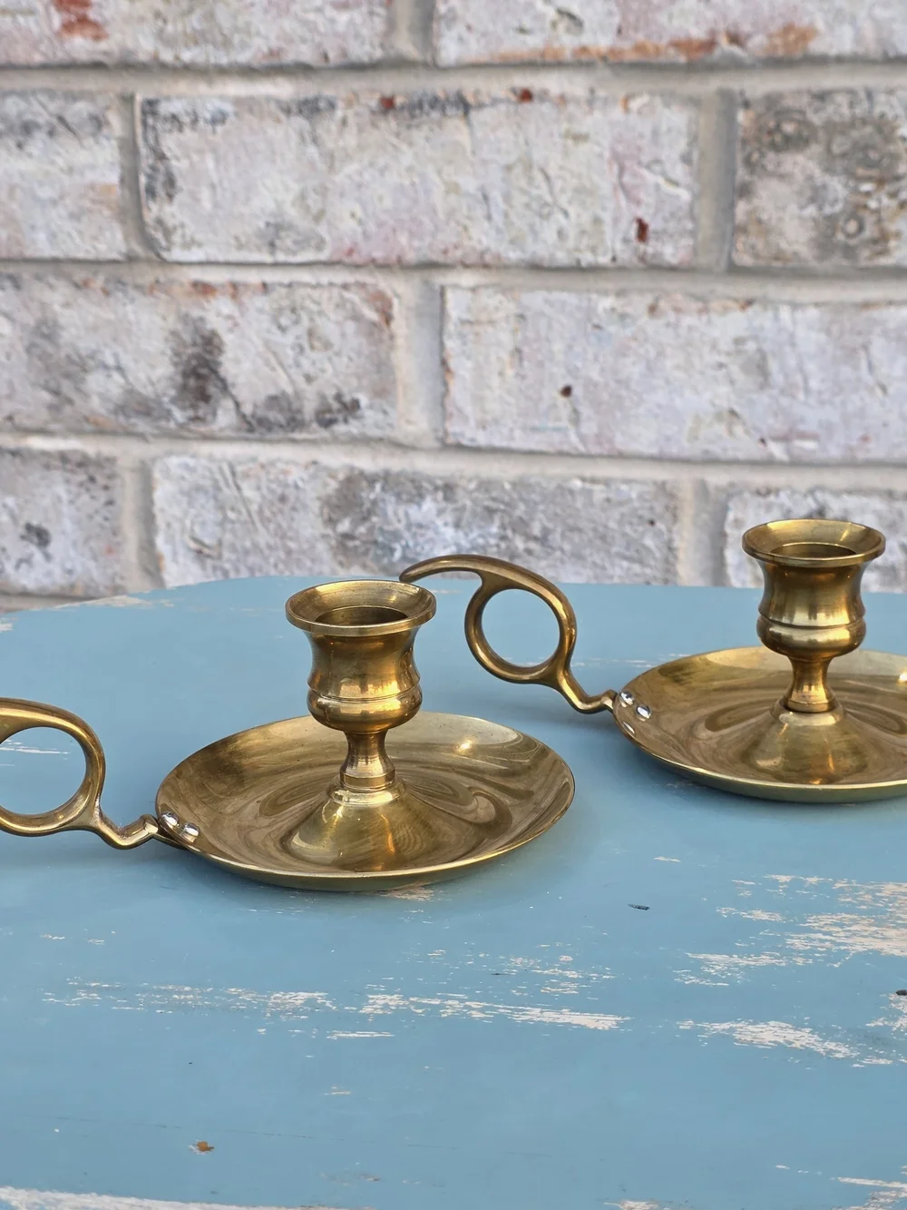 Vintage Brass Chamberstick Candle Holders Pair Finger Loop